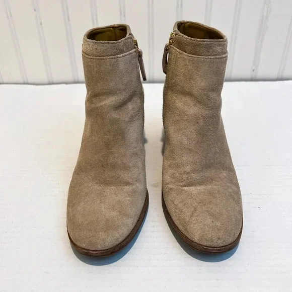 Tory Burch Sophia Tan Suede Block Heel Designer Bohemian Logo Booties 6 WORN - Picture 5 of 12